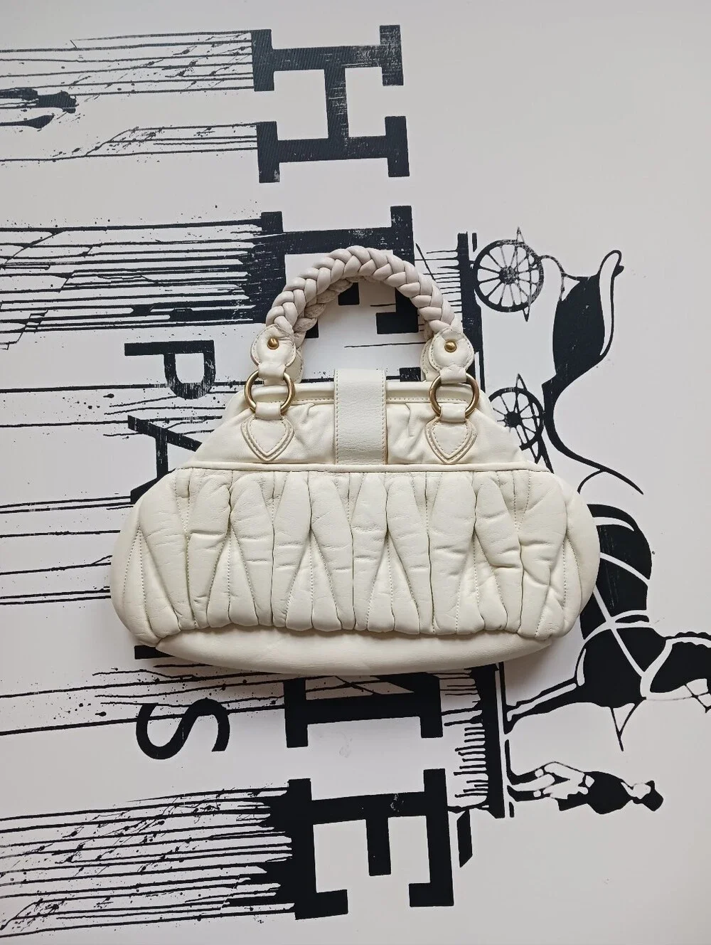 Vintage Ivory Genuine Leather Handbag,made In Italy, Quilted